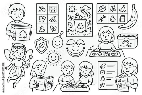 Kids Composting Activities. Line style icons of composting with children: kid with compost bin, compost matching game, compost