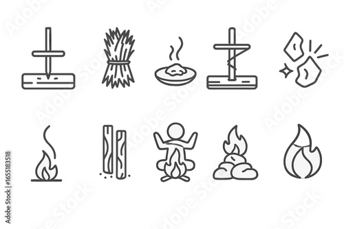 Primitive Fire Craft Icons. Line style icons of fire-starting crafts: hand drill stick, fireboard base, dry grass bundle, ember