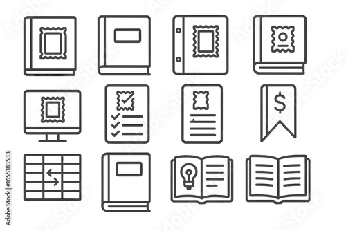 Philatelic Catalog Icons. Line style icons of philatelic catalogs and references: Scott catalog icon, Michel reference book,