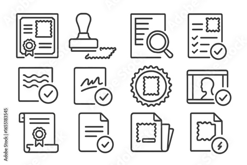 Stamp Authenticity Icons. Line style icons of stamp authenticity and grading: expert certificate icon, authentication stamp,