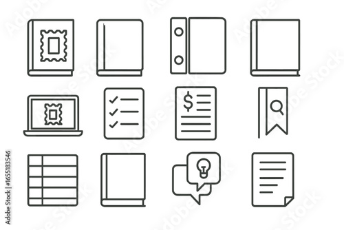 Philatelic Catalog Icons. Line style icons of philatelic catalogs and references: Scott catalog icon, Michel reference book,
