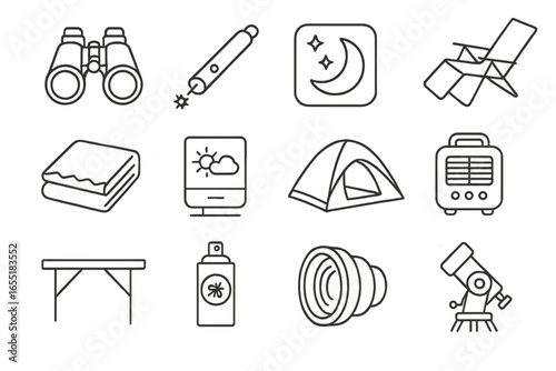 Stargazing Gear Icons. Line style icons of stargazing gear: binoculars for astronomy, laser pointer, sky guide app icon, reclining