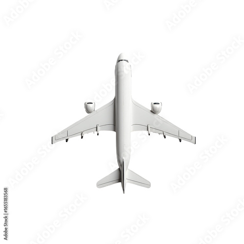 White commercial airplane flying overhead against a clear sky, symbolizing travel and adventure. on transparent background