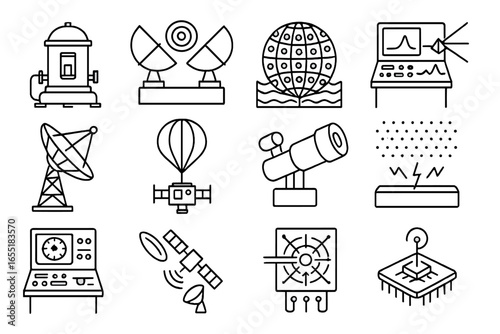 Astrophysics Instruments Icons. Line style icons of astrophysics instruments: dark matter detector, gravitational wave observatory