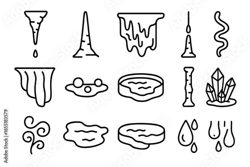 Cave Formation Icons. Line style icons of cave formation types: stalactite hanging, stalagmite rising, flowstone sheet, soda straw