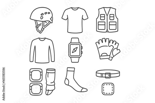 Caver's Gear Icons. Line style icons of caver’s personal gear: adjustable helmet, moisture-wicking shirt, multi-pocket vest,