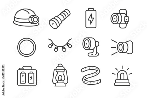 Cave Lighting Icons. Line style icons of cave lighting accessories: helmet-mounted lamp, hand torch, battery cell icon, USB