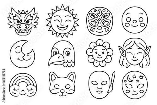 Ceremonial Mask Icons. Line style icons of children’s ceremonial masks: dragon face mask, sun festival mask, paper-cut mask,
