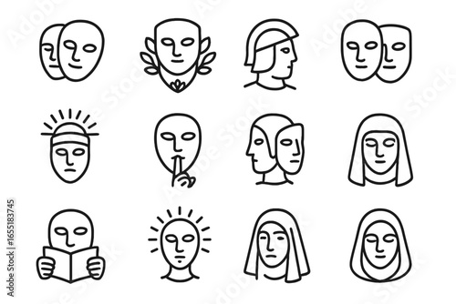 Iconic Masks Collection. Line style icons of transformative mask roles: identity shift mask, roleplay mask, ancestral echo mask,