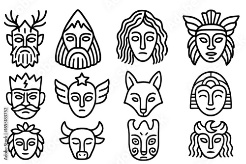 Folklore Mask Icons. Line style icons of ceremonial masks in folklore: forest guardian mask, mountain spirit mask, river watcher