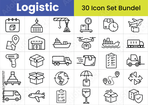 Logistics Icon Set: A comprehensive set of 30 detailed icons representing the full scope of logistics, from global shipping to local delivery.