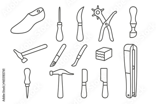 Shoemaking Tools Icons. Line style icons of old shoemaking tools: wooden shoe last, awl, curved knife, leather punch, edge iron,