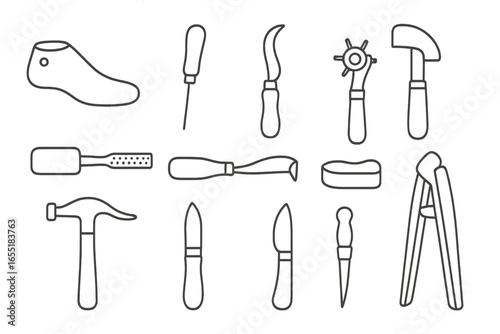 Shoemaking Tools Icons. Line style icons of old shoemaking tools: wooden shoe last, awl, curved knife, leather punch, edge iron,