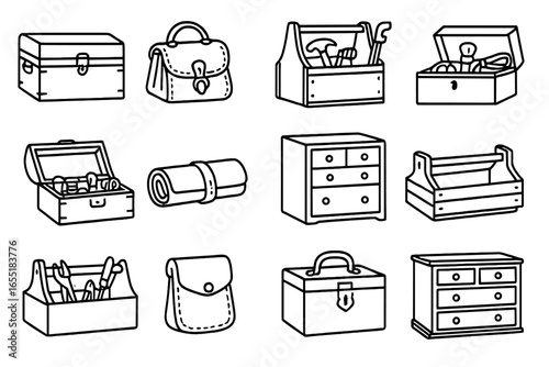 Antique Toolbox Icons. Line style icons of antique toolboxes: wooden chest, leather tool bag, carpenter’s caddy, blacksmith’s kit,