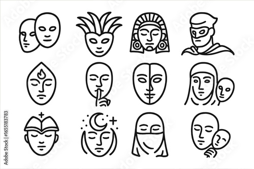 Iconic Masks Collection. Line style icons of transformative mask roles: identity shift mask, roleplay mask, ancestral echo mask,