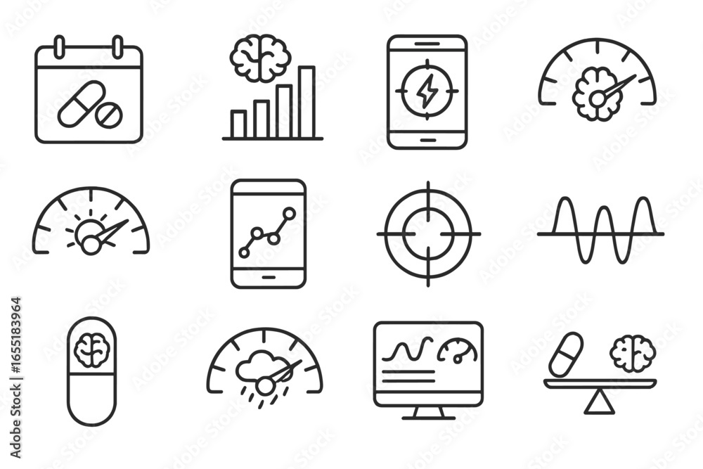 Obraz premium Nootropic Icon Set. Line style icons of nootropic tracking systems: pill log calendar, cognitive score chart, focus boost app,