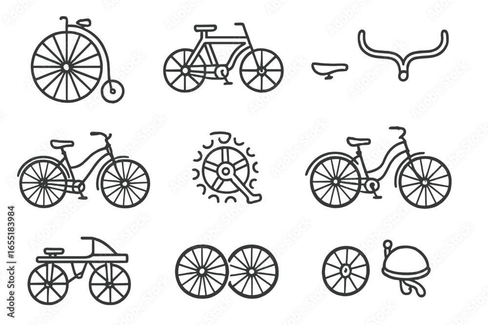 Fototapeta premium Antique Bicycle Icons. Line style icons of antique bicycles: large front wheel bike, wooden-frame tricycle, velocipede icon,