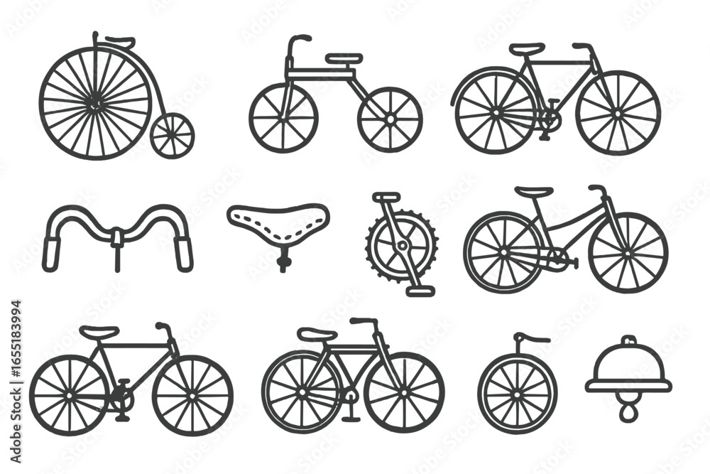 Fototapeta premium Antique Bicycle Icons. Line style icons of antique bicycles: large front wheel bike, wooden-frame tricycle, velocipede icon,