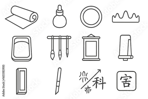 East Asian Calligraphy Icons. Line style icons of East Asian calligraphy tools: rice paper roll, water dropper bottle, grinding