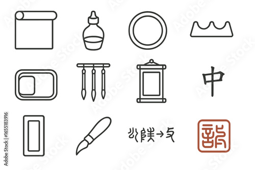 East Asian Calligraphy Icons. Line style icons of East Asian calligraphy tools: rice paper roll, water dropper bottle, grinding