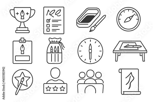 Calligraphy Icons Collection. Line style icons of calligraphy competitions and exams: calligraphy trophy, scoring sheet, exam ink