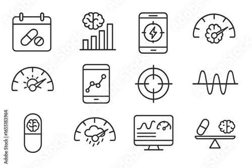Nootropic Icon Set. Line style icons of nootropic tracking systems: pill log calendar, cognitive score chart, focus boost app,