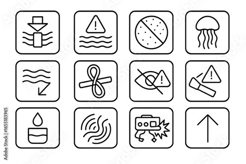 Undersea Hazard Icons. Line style icons of undersea hazards: crushing pressure icon, high salinity warning, total darkness field,