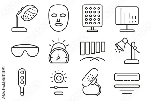 Light Therapy Icons. Line style icons of light therapy tools: red light lamp icon, phototherapy mask, UV panel icon, blue light