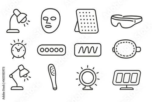 Light Therapy Icons. Line style icons of light therapy tools: red light lamp icon, phototherapy mask, UV panel icon, blue light