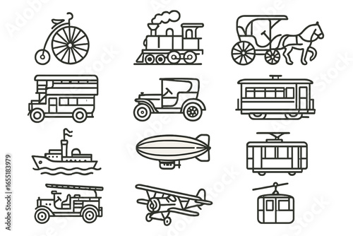 Futuristic and Vintage Icons. Line style icons of future deep-sea tech: autonomous sub drone, real-time AI diver, synthetic vision