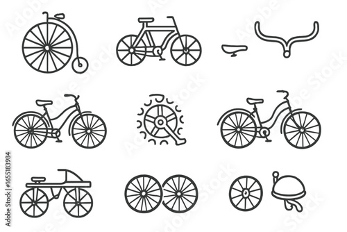 Antique Bicycle Icons. Line style icons of antique bicycles: large front wheel bike, wooden-frame tricycle, velocipede icon,
