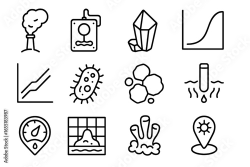 Hydrothermal Vent Icons. Line style icons of hydrothermal vent study: vent pipe with plume, chemical sensor node, mineral crystal
