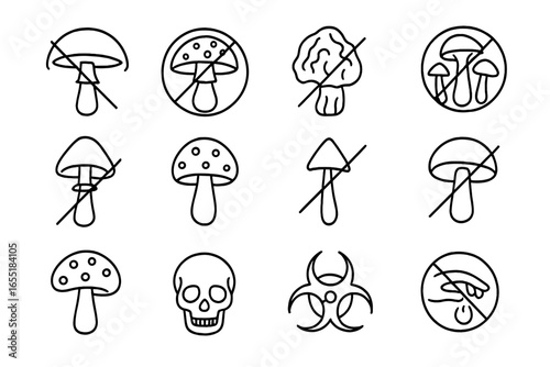 Toxic Mushroom Icons. Line style icons of forbidden or toxic mushrooms: death cap mushroom, fly agaric, false morel, jack