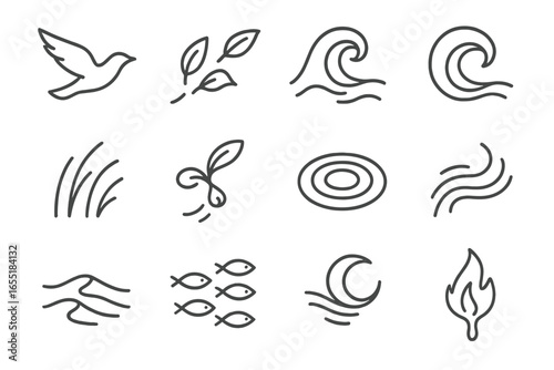 Kinetic Nature Icons. Line style icons of natural kinetic inspirations: flying bird silhouette, fluttering leaves, ocean wave