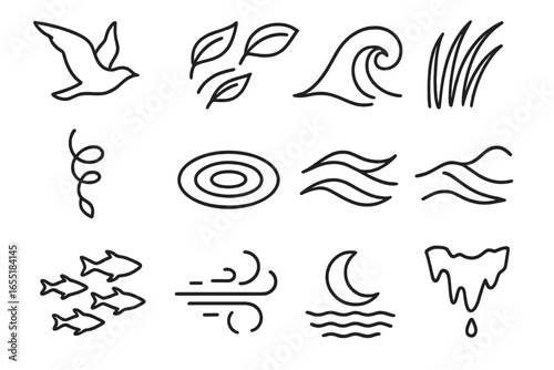 Kinetic Nature Icons. Line style icons of natural kinetic inspirations: flying bird silhouette, fluttering leaves, ocean wave