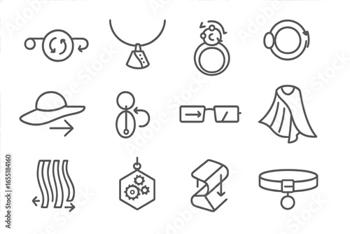 Kinetic Jewelry Icons. Line style icons of wearable kinetic art: moving brooch pin, oscillating necklace, rotating ring design,