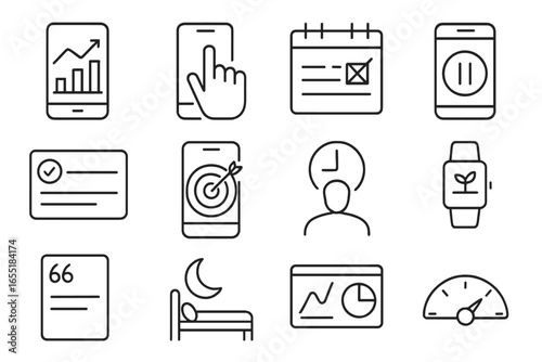 Digital Wellness Icons. Line style icons of digital well-being tools: screen stats chart, phone-down habit icon, tech-free time