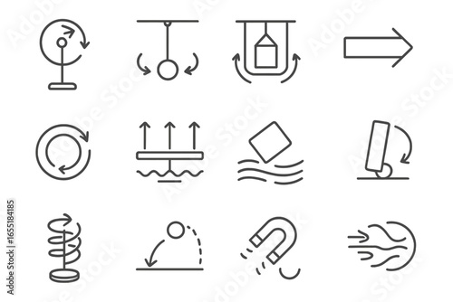 Kinetic Art Motion Icons. Line style icons of kinetic art motion types: rotational movement, oscillating motion, swinging form,