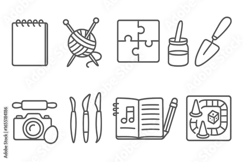 Creative Hobby Icons. Line style icons of creative offline activities: sketchpad icon, knitting needles, puzzle game layout,