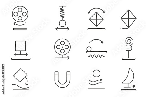 Kinetic Art Motion Icons. Line style icons of kinetic art motion types: rotational movement, oscillating motion, swinging form,