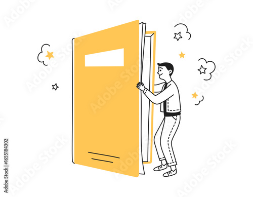 Doodle boy opened and looks into the book. Library. Reading, education. Color. Vector illustration