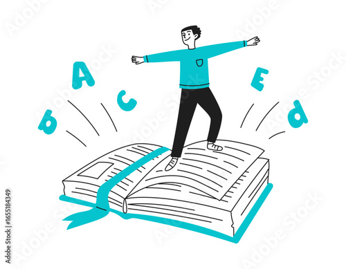 Doodle boy surfing on the pages of a book. Exciting reading. Education. Color. Vector illustration