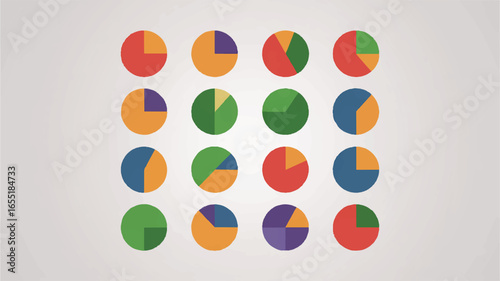 Infographic Pie Charts for Business Presentation and Data Analysis Representing Different Percentages in Various Colors Against Light Gray Background