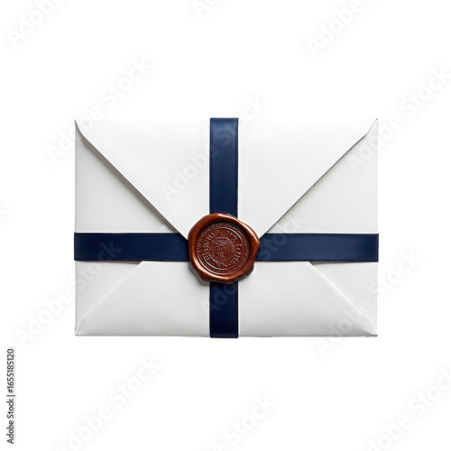 Elegant white envelope with navy ribbon and wax seal, perfect for formal invitations or special announcements on transparent background