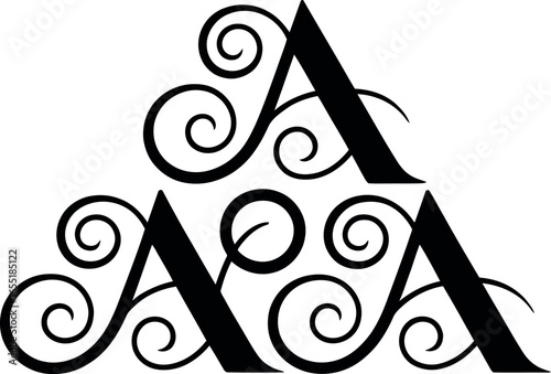 Elegant Monogram AAA:  Ornate Swirls, Classic Black, Luxury Branding Design