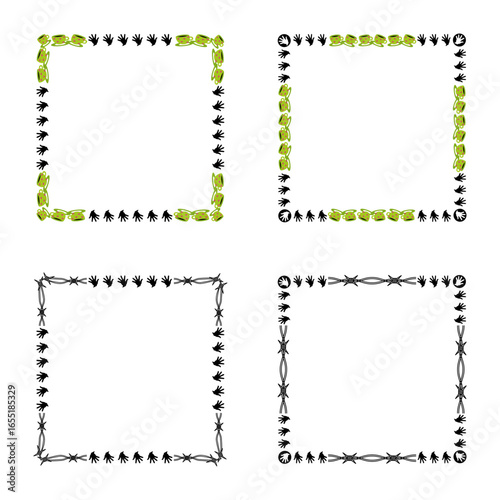 Frog masks border. Black footprints pattern. Fun square layout. Cartoon style frame.