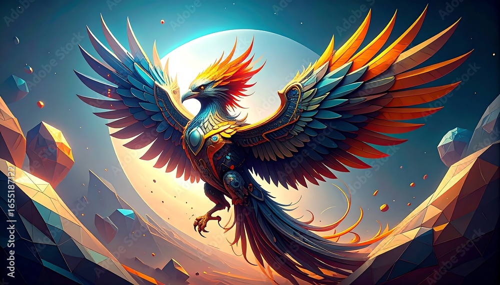 Fototapeta premium Mythical bird in flight against geometric landscape