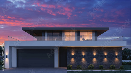 Modern house architecture exterior design with evening sky and subtle lighting accentuating the contemporary aesthetic and luxurious feel