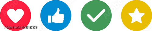 Thumbs up. Yes sign. Check mark symbols. Signs in green and red colored. Confirmation mark. Heart shape and star rating