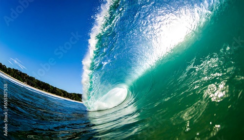 A vibrant, turquoise wave curls dramatically into a breathtaking, sunlit hollow, showcasing the ocean's power and beauty.
